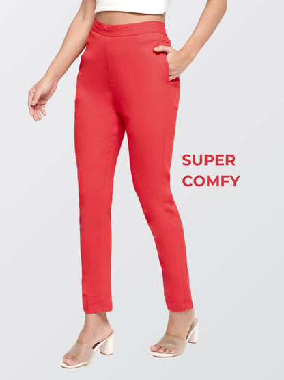 Regular Fit Women Red Stretchable Pants