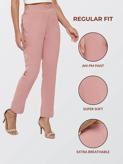 Regular Fit Women Rose Taupe Stretchable Pants