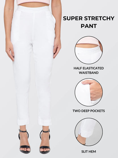 Regular Fit Women White Stretchable Pants