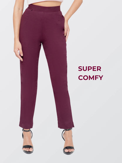 Regular Fit Women Wine Stretchable Pants
