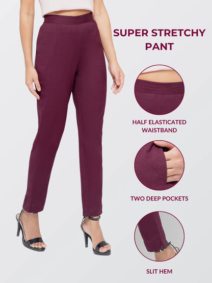Regular Fit Women Wine Stretchable Pants