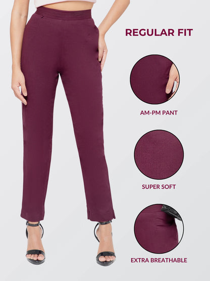 Regular Fit Women Wine Stretchable Pants